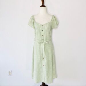 EUC L Monteau belted polka dot dress mint green and white
